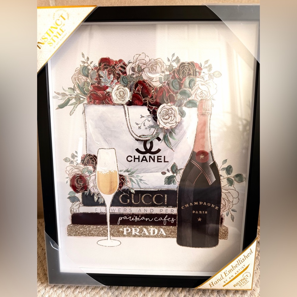Floral Framed print 11 x 14 Designer Shopping Tote & Champagne New